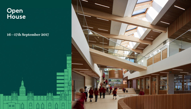 Open House London Promotional banner with image of the main circulation space at highgate Junior School